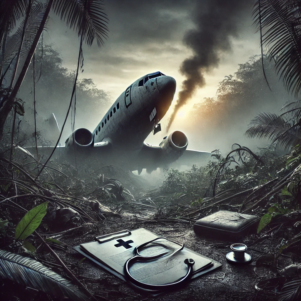 DALL·E 2024-08-15 12.48.47 - A dark and mysterious scene showing the aftermath of a plane crash in a dense Brazilian jungle. The wreckage of the plane is scattered among thick veg