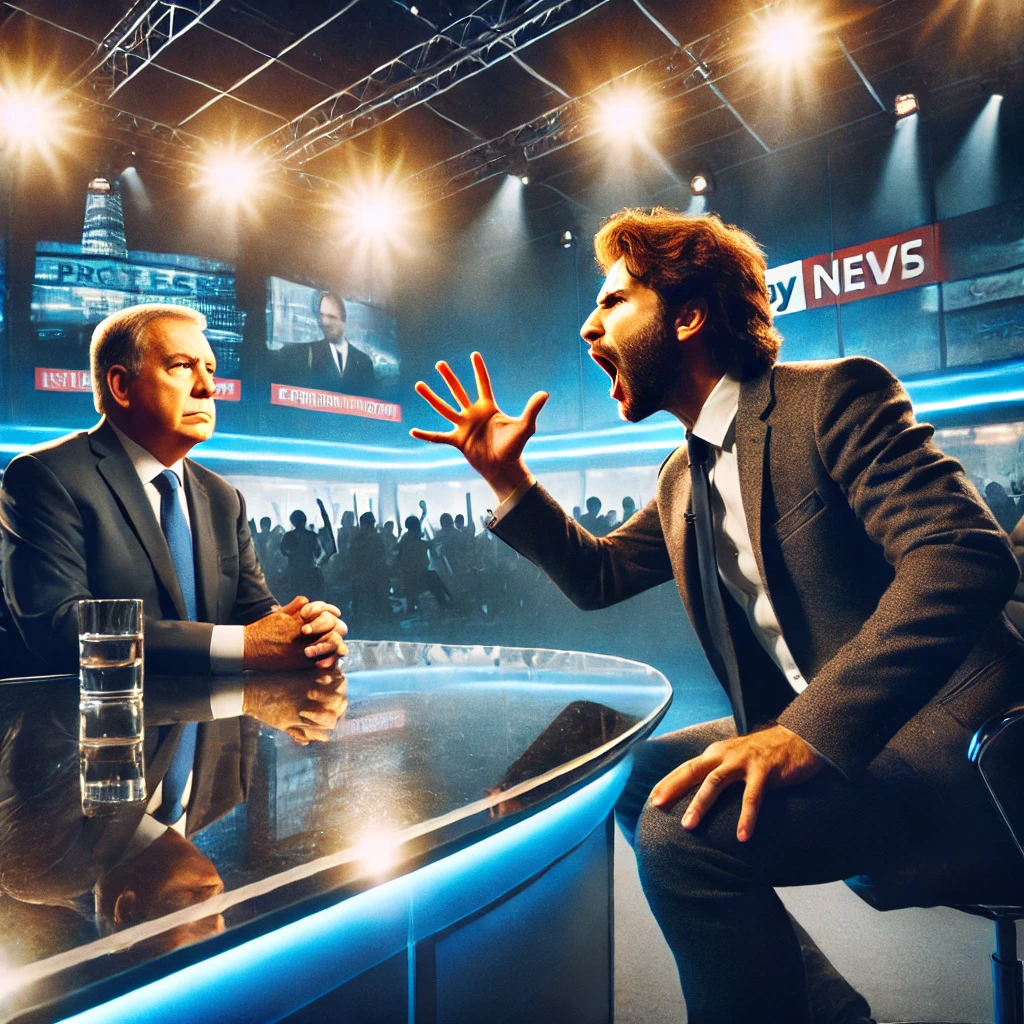 DALL·E 2024-09-02 22.38.04 - A tense TV studio setting with two individuals in the middle of a heated debate. One person, representing a business or government figure, appears com