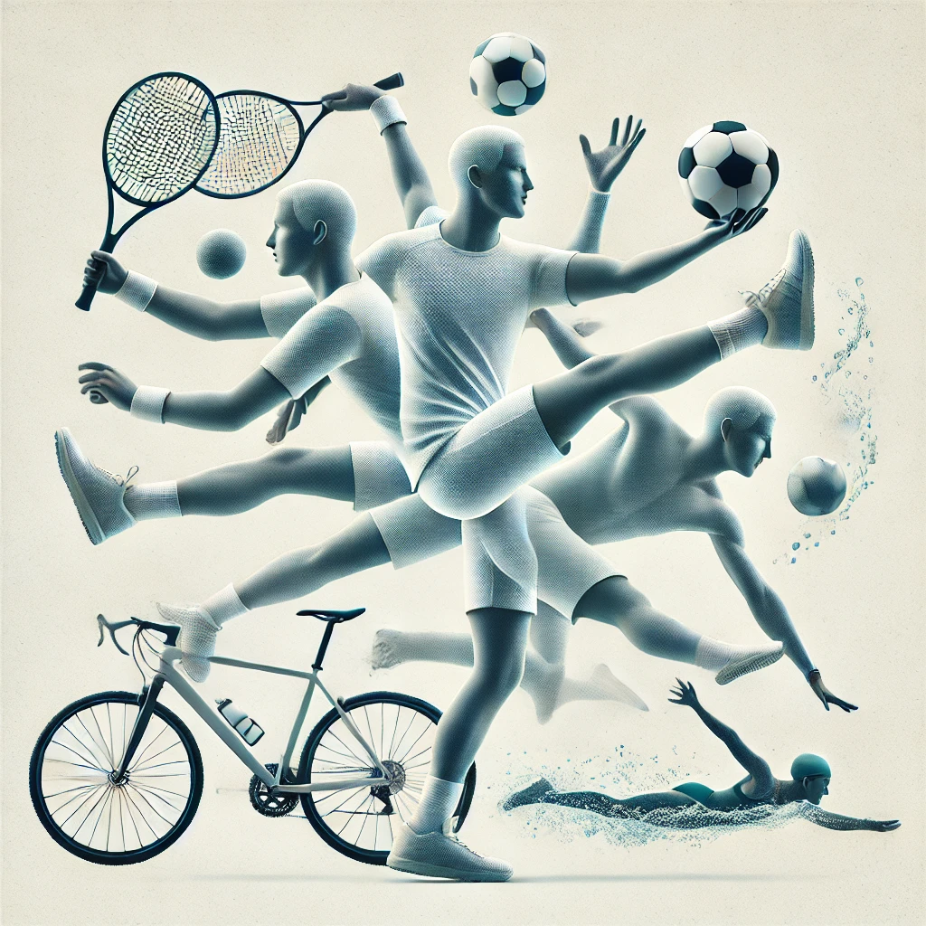 DALL·E 2024-09-03 14.05.26 - A single PNG image showing a person playing multiple sports simultaneously, including tennis, soccer, swimming, and cycling. The person should be depi