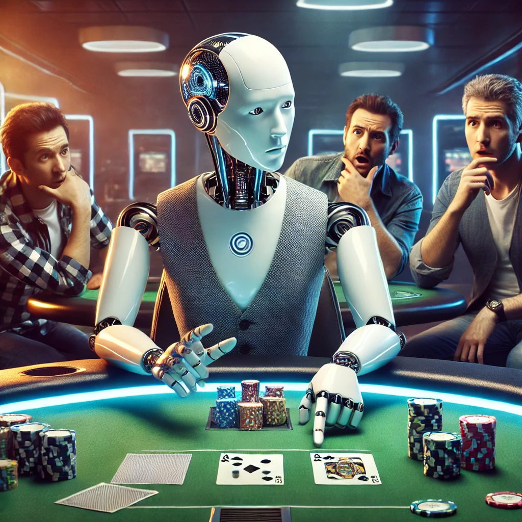 DALL·E 2024-09-06 17.14.14 - An intense scene where artificial intelligence is playing poker against human players in a futuristic setting. The AI appears as a sophisticated machi