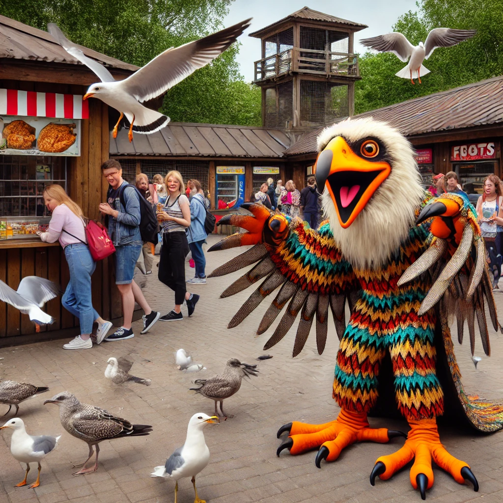 DALL·E 2024-09-07 23.22.56 - A humorous scene in a zoo where a person dressed in a large bird of prey costume is standing near visitors, trying to scare off seagulls. The person i