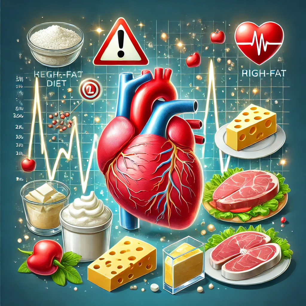 DALL·E 2024-09-08 18.53.53 - An illustration representing the dangers of the ketogenic diet, focusing on cardiovascular health. The image includes a heart surrounded by high-fat f