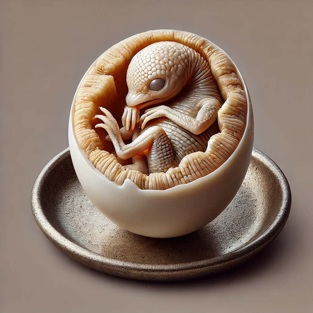 DALL·E 2024-09-10 19.42.12 - A detailed image of a Balut egg, a delicacy from Southeast Asia, commonly found in the Philippines. The Balut is a fertilized duck egg with a partiall