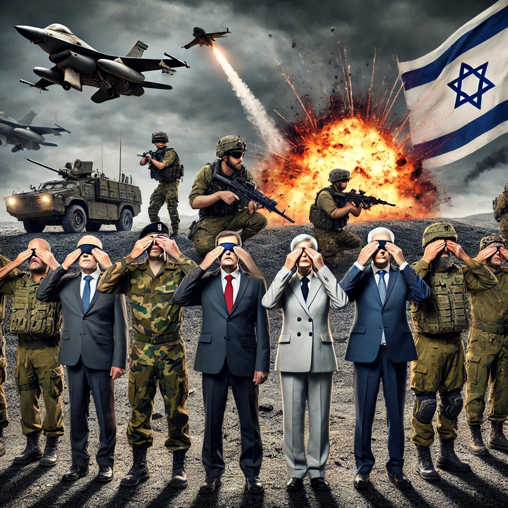 DALL·E 2024-09-11 00.02.43 - A conceptual scene featuring senior IDF commanders and politicians standing with their eyes closed. Behind them, an intense military attack is unfoldi