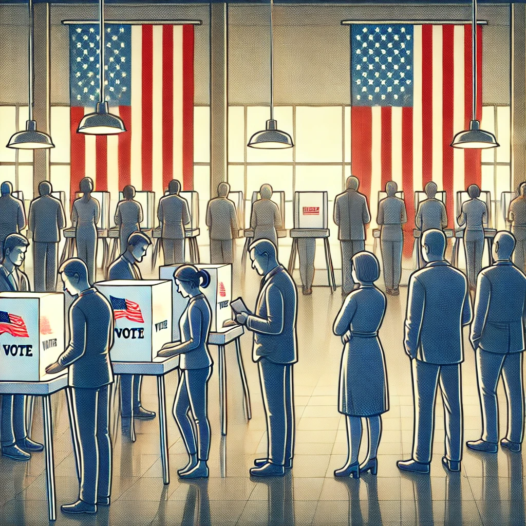 DALL·E 2024-09-14 22.31.11 - A detailed illustration of people voting in the United States. The scene features voters standing in line and casting their ballots in a polling stati