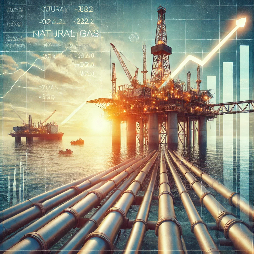 DALL·E 2024-09-15 16.48.20 - A journalistic-style image depicting the natural gas industry. The image features a large offshore gas rig extracting natural gas from the sea, with a