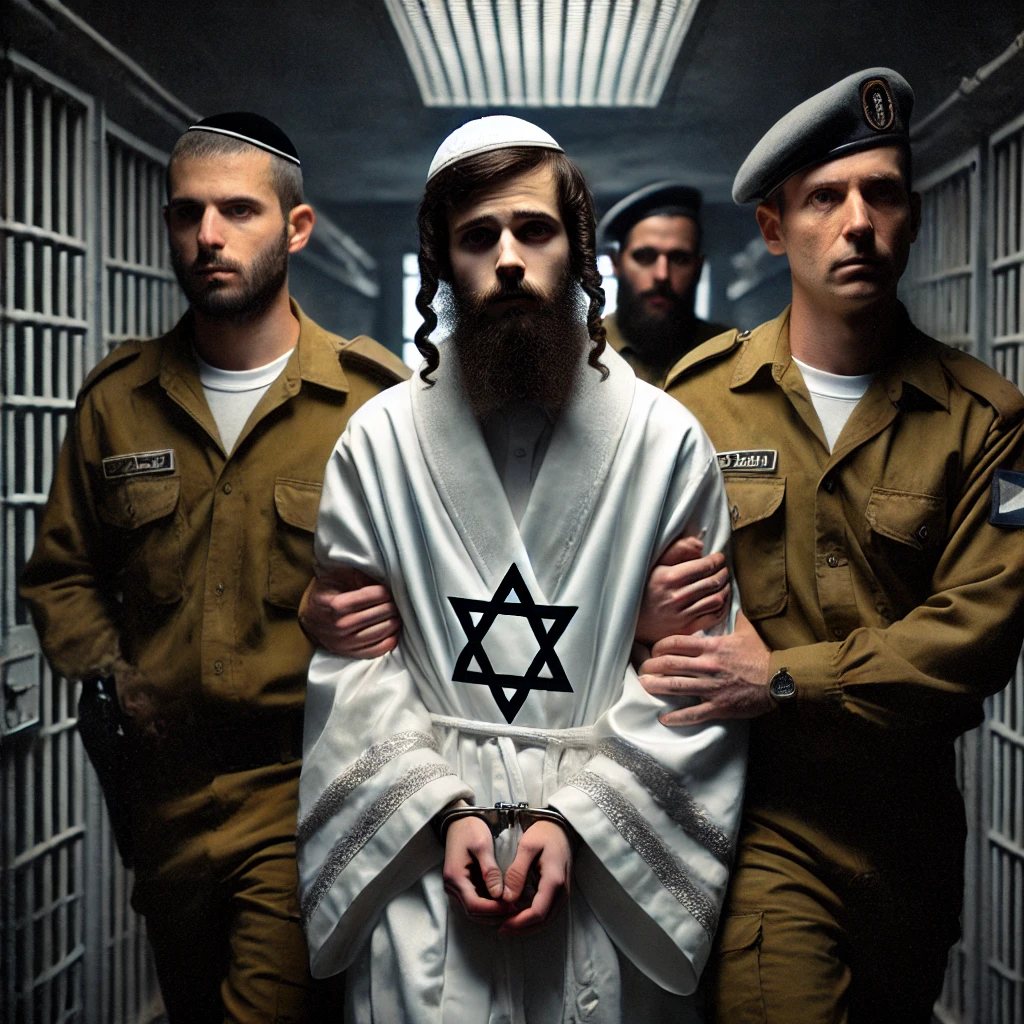 DALL·E 2024-09-15 18.28.07 - A dramatic image of a young ultra-Orthodox Jewish soldier being escorted to military prison by non-Orthodox guards. The soldier, dressed in a traditio