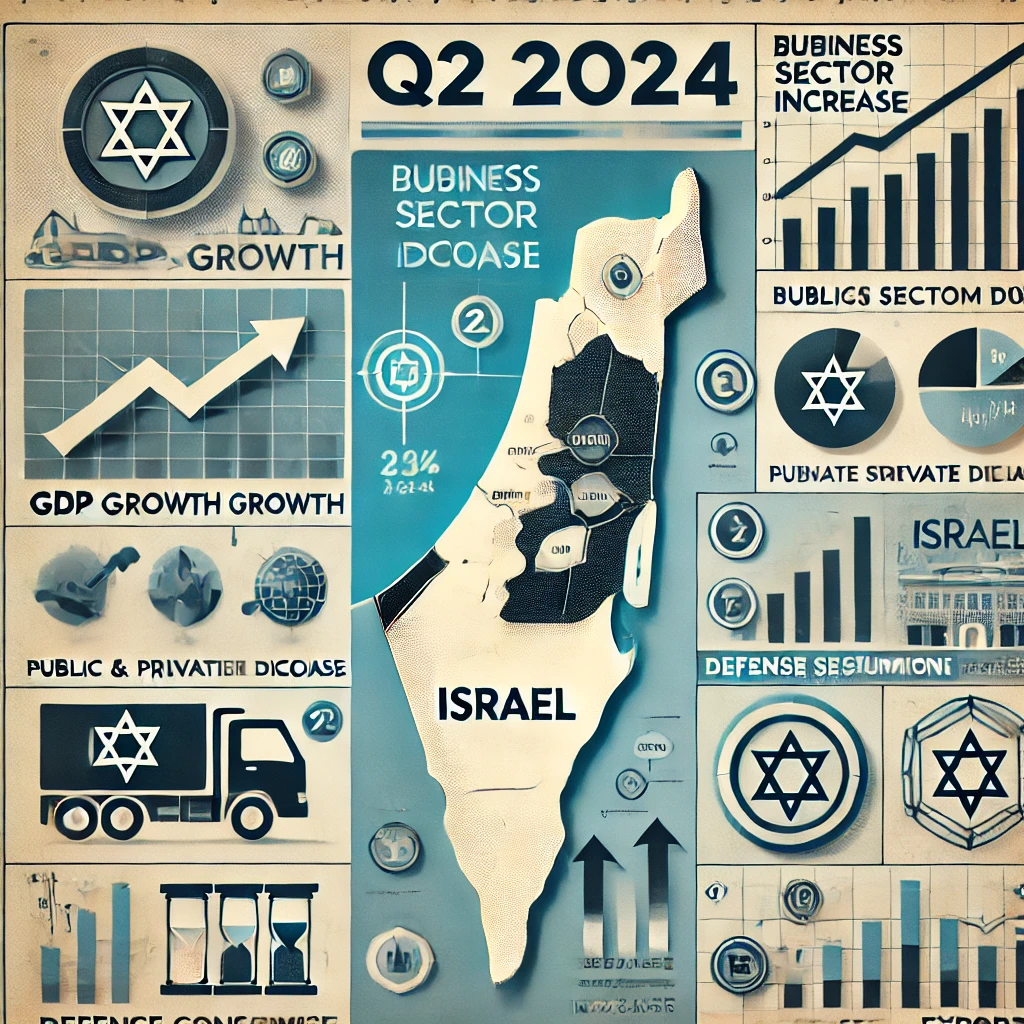 DALL·E 2024-09-16 19.48.22 - An infographic-style image showing key economic indicators for Israel in Q2 2024, with categories like GDP growth, business sector decline, public and