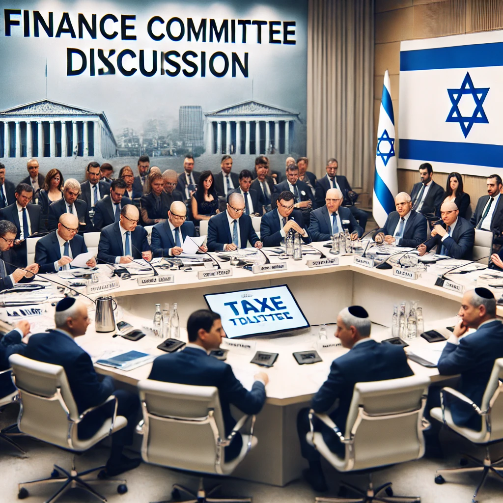 DALL·E 2024-09-16 19.57.47 - A meeting of the Israeli Finance Committee in a large room, featuring politicians in formal attire discussing tax policy changes. The Chairman, Moshe