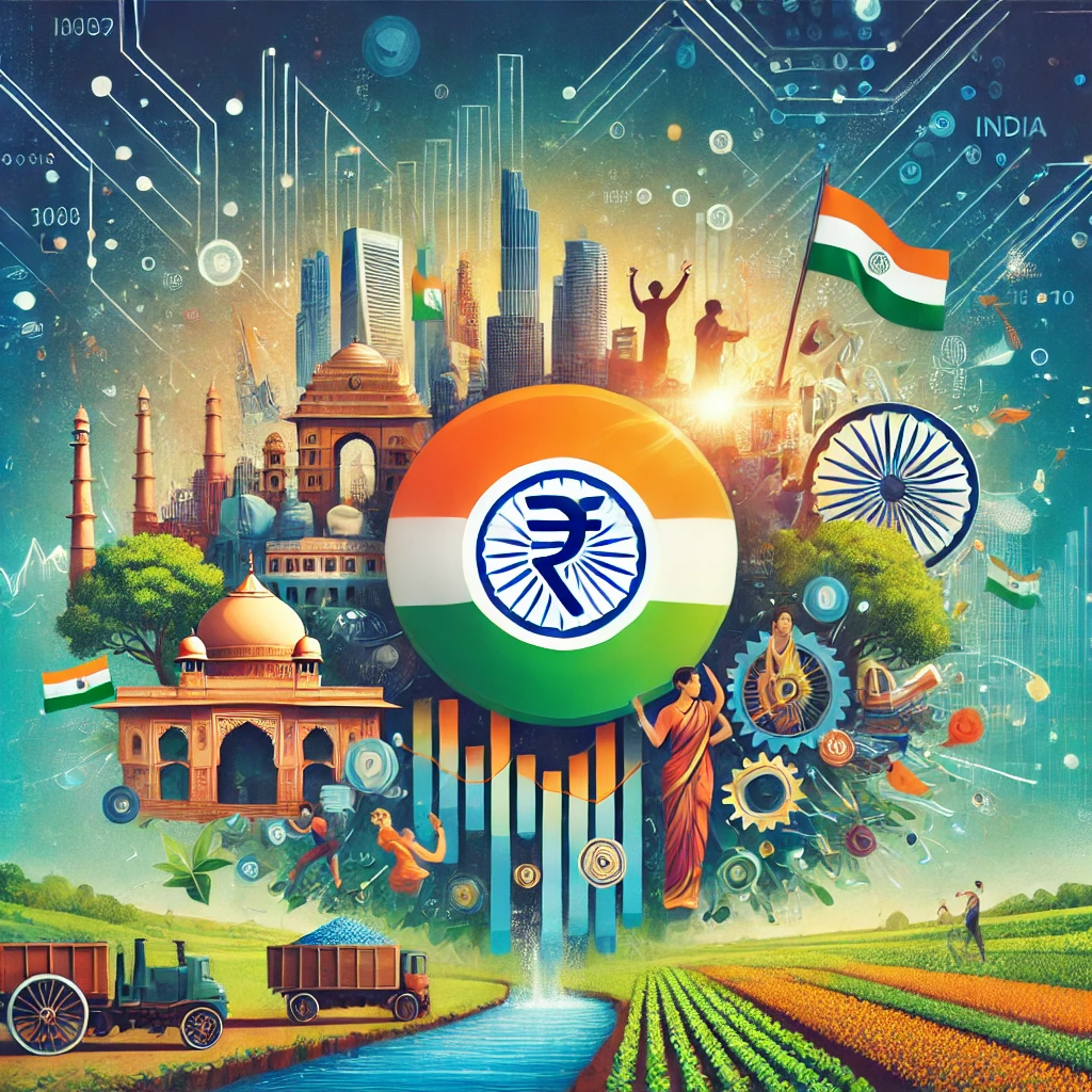 DALL·E 2024-09-16 20.04.01 - A vibrant and dynamic illustration representing a flourishing Indian economy. Include symbols of economic prosperity such as bustling marketplaces, ad