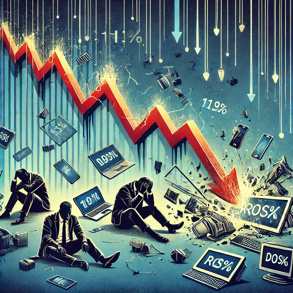 DALL·E 2024-09-16 20.08.56 - An editorial illustration depicting the fall of a tech company. The image should feature symbols of a crashing stock, such as a graph with a sharp dow