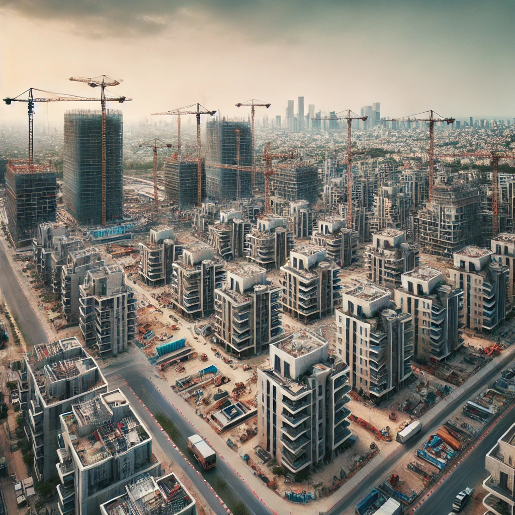 DALL·E 2024-09-19 17.29.46 - An aerial view of a modern construction site in Israel showing half-built apartment buildings with cranes towering above. In the background, a city sk