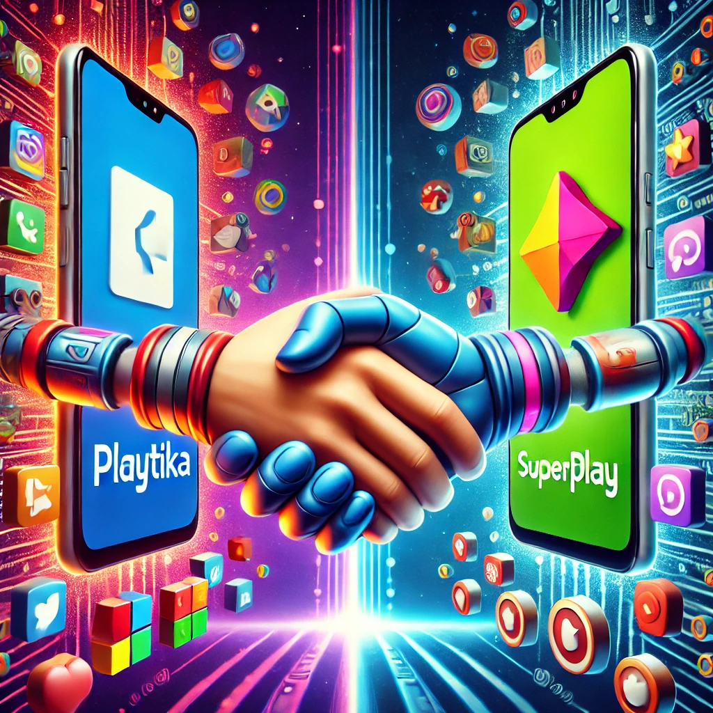 DALL·E 2024-09-19 17.36.27 - A vibrant image of two major mobile gaming companies merging. The image portrays a symbolic handshake between two anthropomorphic smartphones, each re