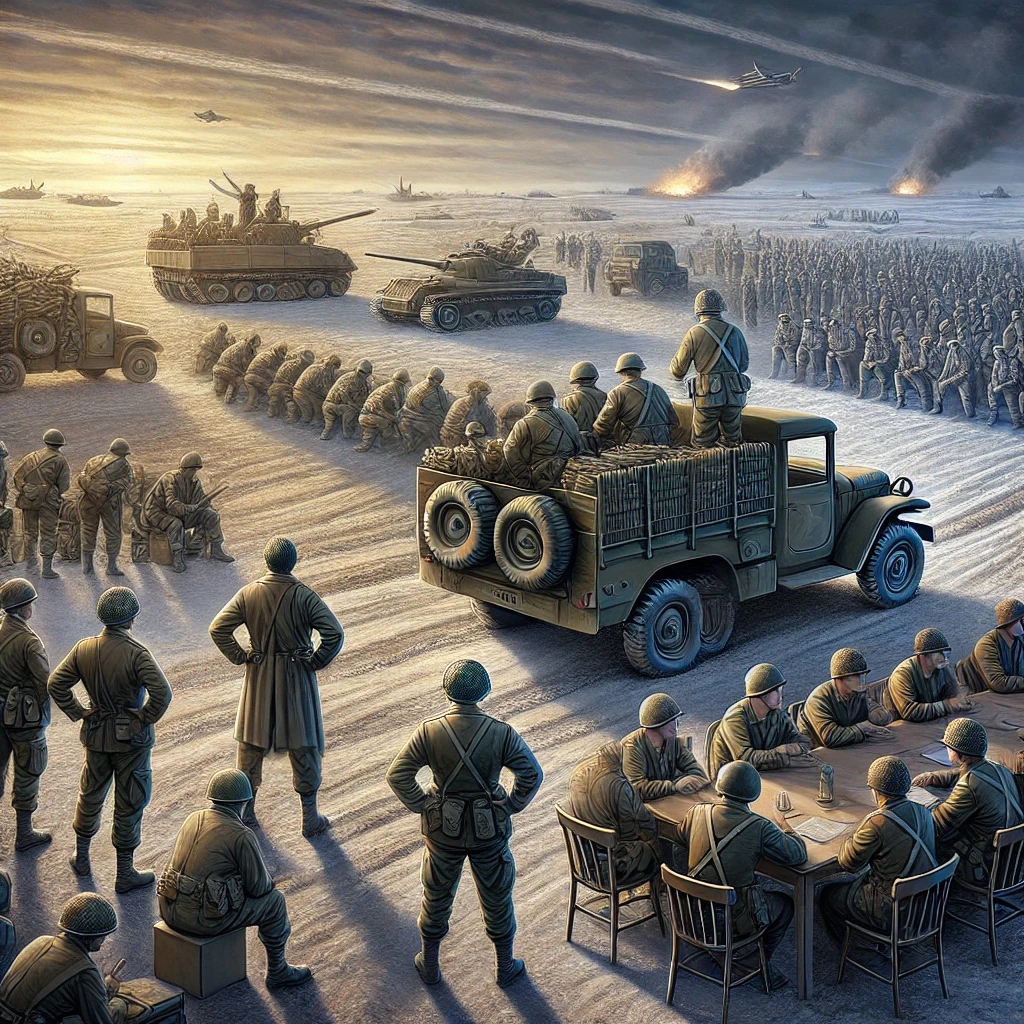 DALL·E 2024-09-19 18.02.31 - A symbolic scene showing military forces standing still, with soldiers looking hesitant and unsure. Military vehicles are idling, and commanders are s